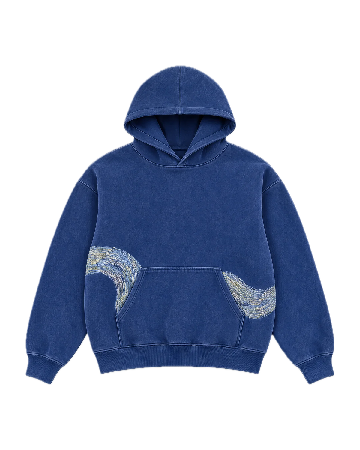 Washed indigo hoodie front with embroidered night-sky swirls