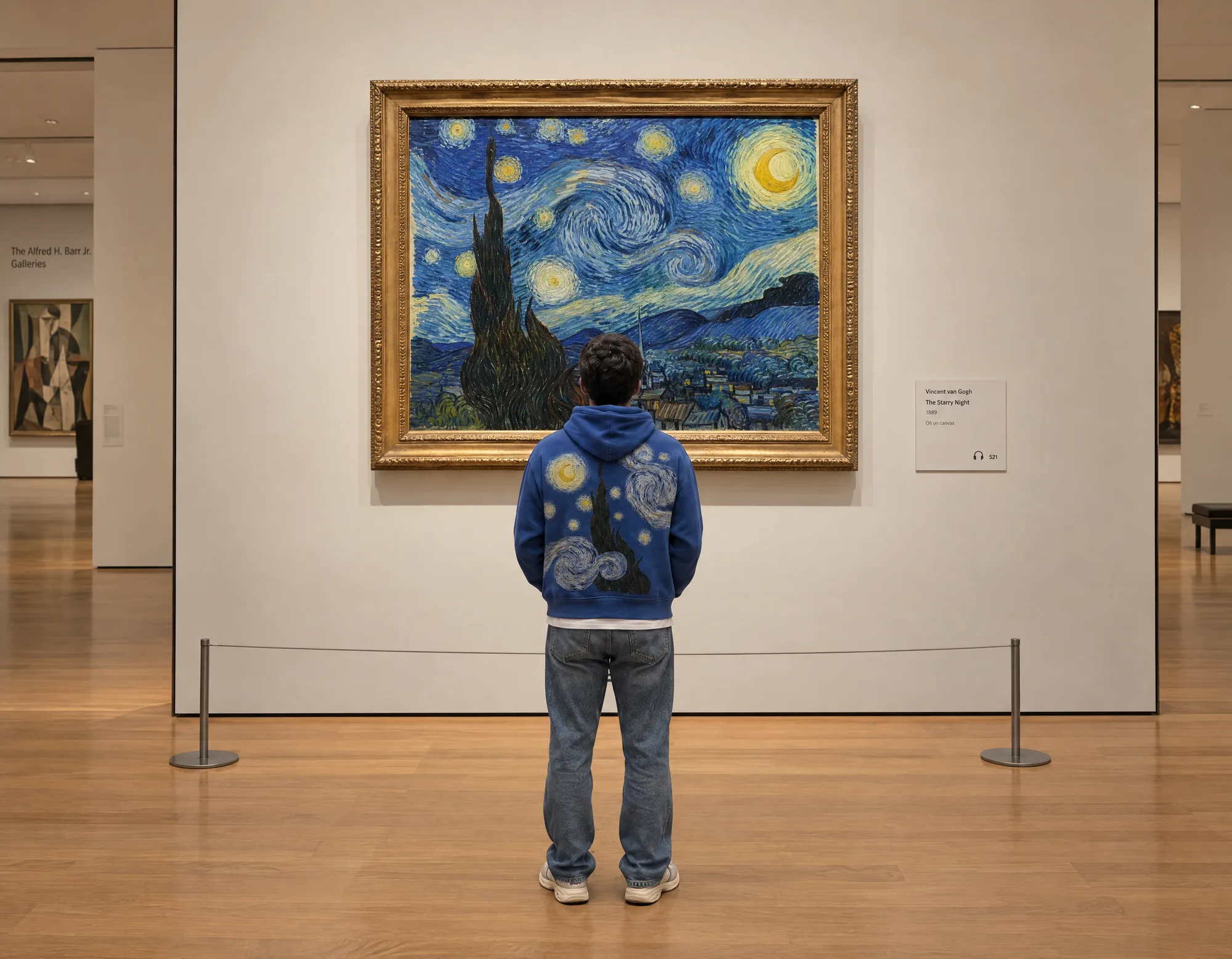 Someone in the Umber Starry Night hoodie standing in front of The Starry Night at MoMA