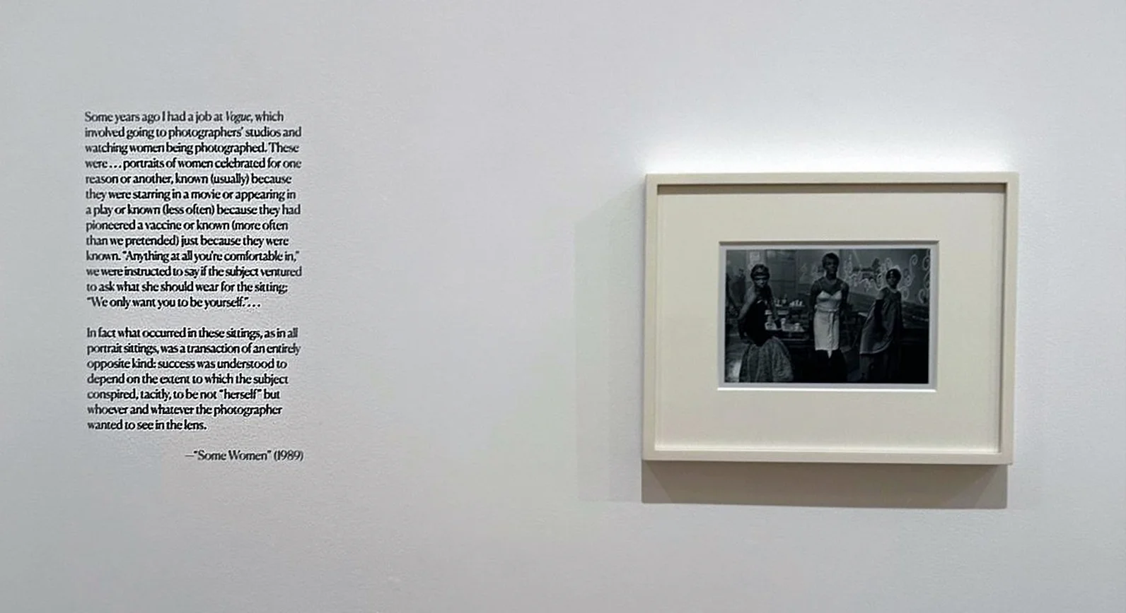A gallery wall: a dense wall label beside a framed painting